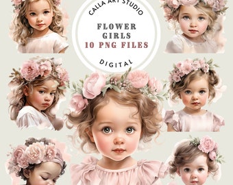 Watercolor Flower Baby Girls Clipart Bundle, Cute Children Clipart, First Communion, Floral Vintage, Digital Download Wedding Commercial Use