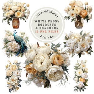 Weiß Pfingstrose Clipart Aquarell Blume Png Bundle für lädt Handwerk Boho Blumen Digital Download Hochzeit Bouquet Florale Elemente Clipart