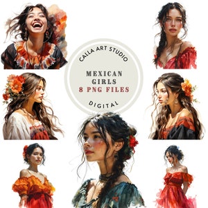 Clipart de aquarela de meninas mexicanas, PNG transparente, Imagens de meninas bonitas, Diário de lixo, Scrapbooking, Ilustração de moda, Uso comercial