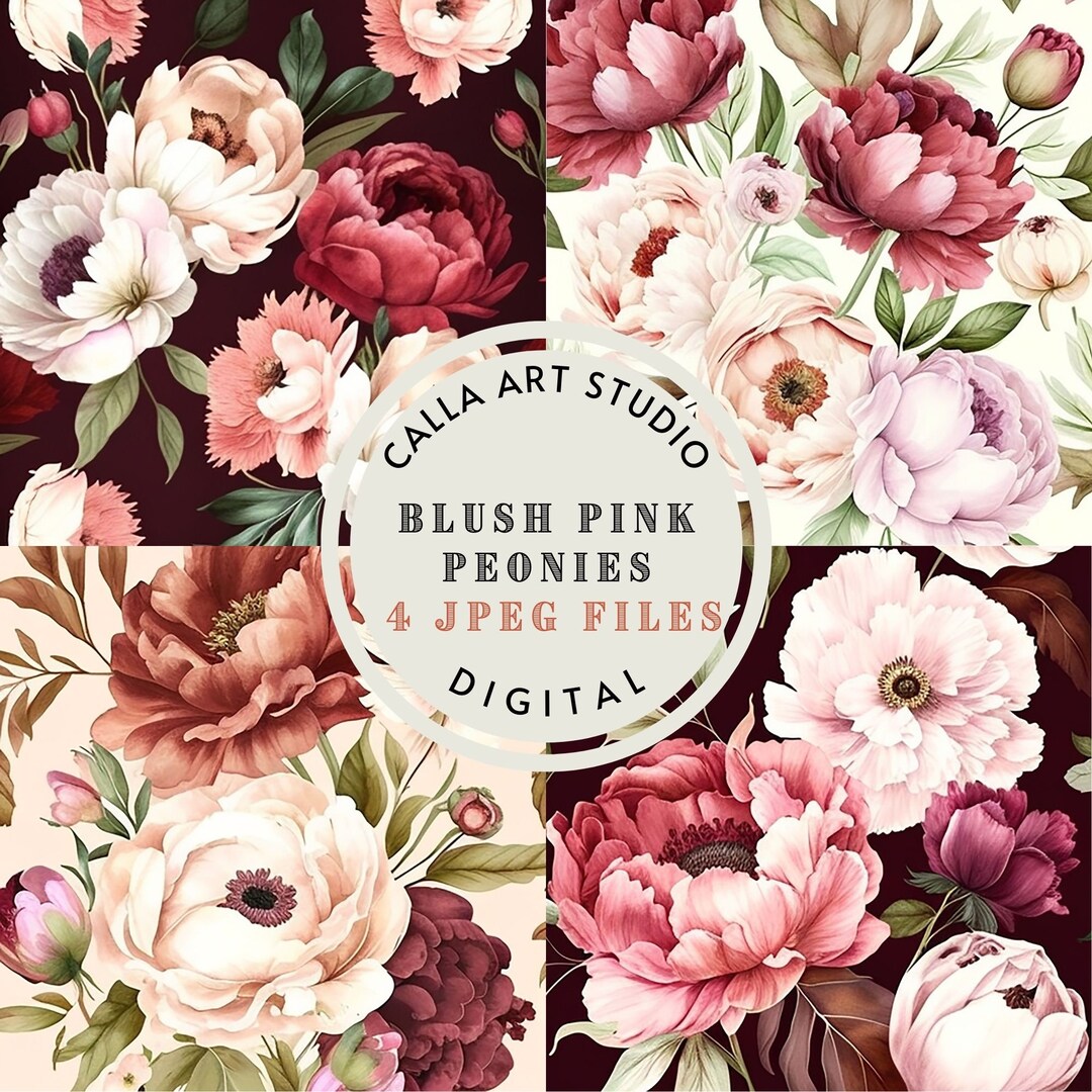 Blush Pink Peony Digital Paper Watercolor Flower Background 12x12 ...