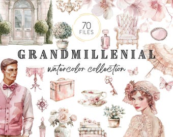 Puede incluir: Ilustración en acuarela titulada "Grandmillenial Watercolor Collection" con varios elementos de estilo vintage. Incluye un hombre de rosa, una mujer con un gorro, un frasco de perfume, una taza de té, una maleta y una silla decorativa. La imagen tiene una paleta de colores pastel.