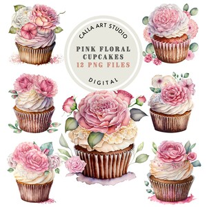 Set di clipart di cupcake floreali rosa Immagini PNG digitali per inviti per feste Clipart di dessert ad acquerello PNG Pacchetto di arte di compleanno Clipart di nozze