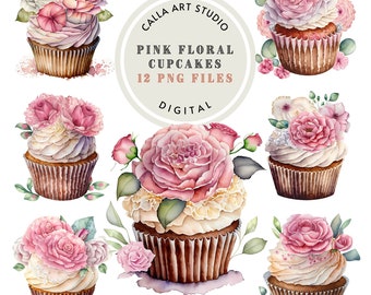 Pink Floral Cupcake Clipart Set Digital PNG Images for Parties Invites Watercolor Dessert Clipart PNG Birthday Art Bundle Wedding Clipart