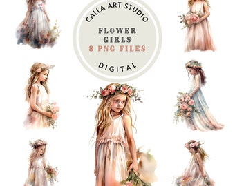 Flower Girls Watercolor Clipart Bundle Cute Girl Png People Wedding Romantic Clipart Digital Download Vintage Wedding Commercial Use