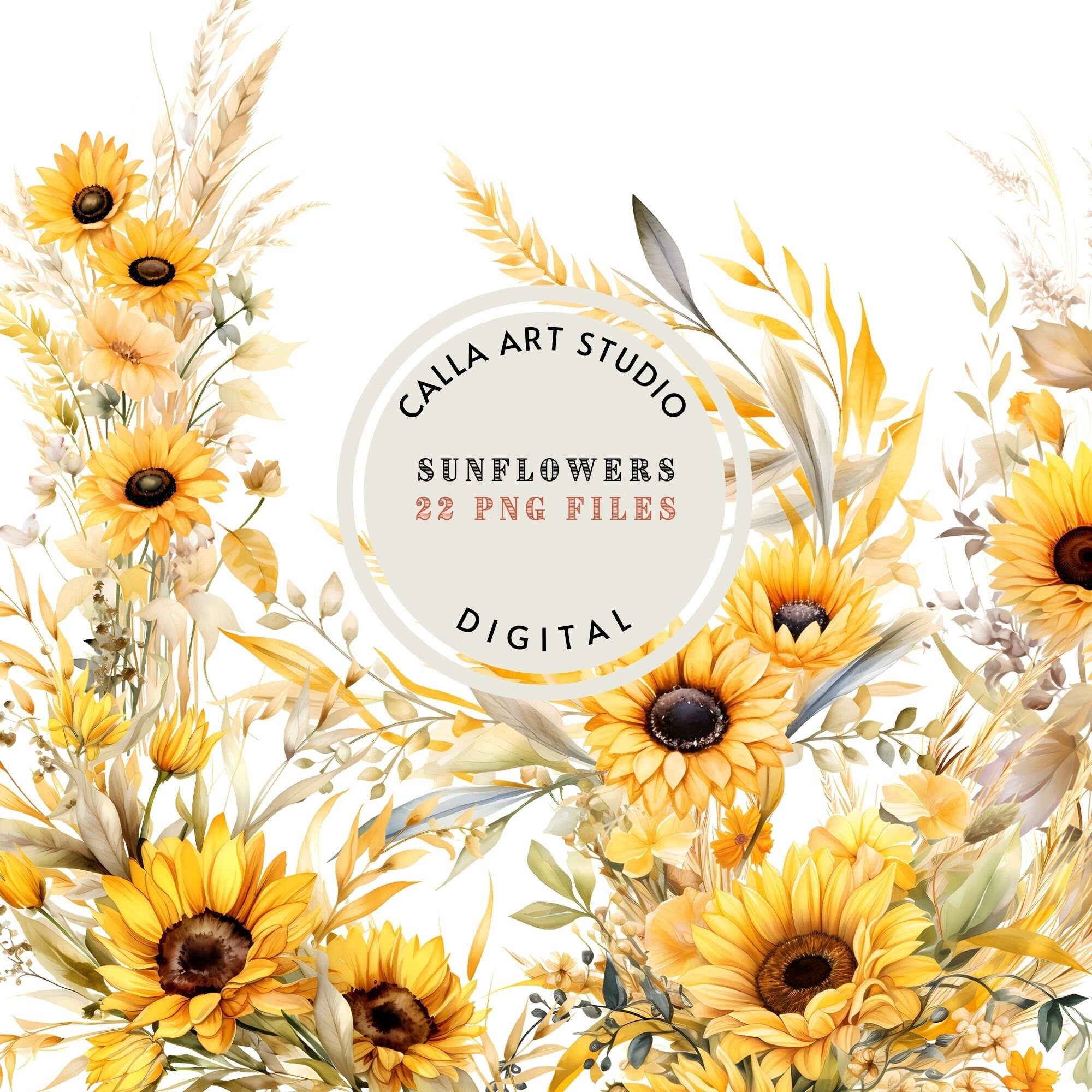 Sunflower Clipart Graphics for Invites Planners Blogs Crafts Autumn Flowers Clipart Fall Floral Watercolor Bouquet PNG Bundle Commercial Use