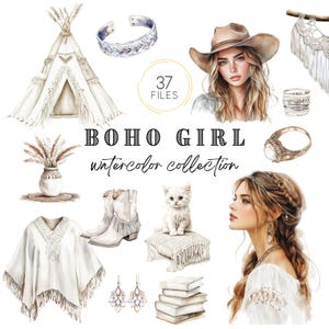 Boho Mädchen Clipart Bundle, Vintage Vibes, Boho Chic, Model, Mode Frauen Clipart, neutrale Boho Clipart, kommerzielle Nutzung Clipart