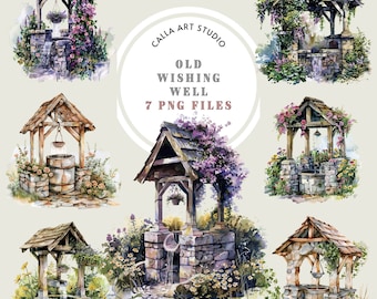 Water Well Watercolor Clipart Bundle, Wishing Well Images, Old Garden Well PNG, Watercolor Book Illustration, Printable, Digital Crafting