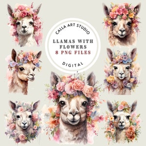 Watercolor Llamas Clipart, Cute Llama with Flowers Images, Graphics for Instant Download, Farm Animals Illustration, Commercial Use Included