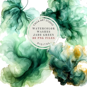Watercolor Washes Clipart Bundle, Jade Green, Emerald Green Abstract Background for Commercial Use, Transparent PNG, Digital Download