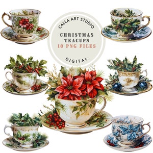 Collezione di Clipart di tazze da tè di Natale Tazze floreali ad acquerello Vacanze invernali PNG Clip art festosa per biglietti Stampabili Uso commerciale digitale