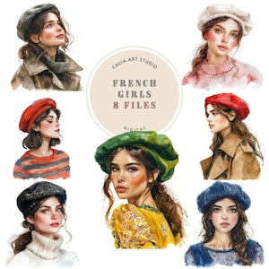 Français filles, lot de cliparts aquarelle, clipart Paris, illustrations romantiques, téléchargement immédiat, clipart belles filles, autocollants numériques