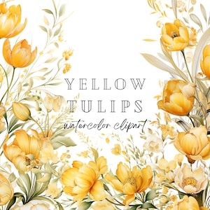 Watercolor Tulip Bouquets Clipart, Yellow Floral Arrangements, Tulip Flowers, Wedding Clipart, Scrapbooking, Floral Clipart, Boho Flowers