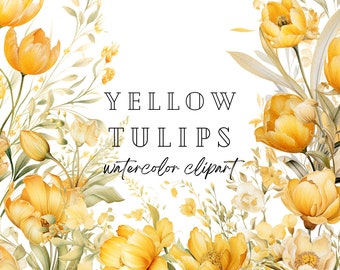 Watercolor Tulip Bouquets Clipart, Yellow Floral Arrangements, Tulip Flowers, Wedding Clipart, Scrapbooking, Floral Clipart, Boho Flowers