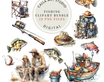 Watercolor Fishing Clipart Bundle Fathers Day Gift Fishing Clipart Fish PNG People Clip Art Vintage Fishing Tools Commercial Use Included