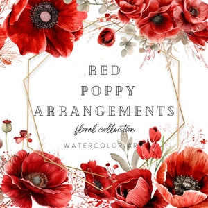 Clipart coquelicot rouge aquarelle, bouquets de fleurs rouges, fleurs de coquelicots, faire-part de mariage, cadres floraux, carte de voeux, créations graphiques clipart