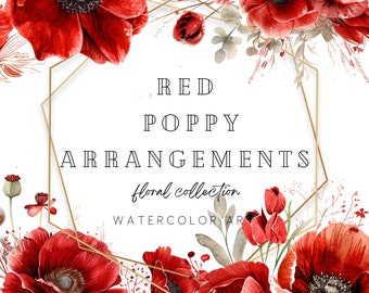 Watercolor Red Poppy Clipart, Red Flower Bouquets, Poppies Flowers, Wedding Invitations, Floral Frames, Greeting Card, DIY Craft Clip Art