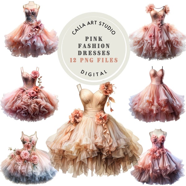 Pink Dresses Clipart Set Fashion Illustrations for Invites Crafts Blogs Ballet Dress Floral Clipart Instant Download Commercial Use Included