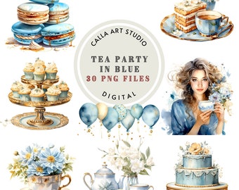 Watercolor Tea Party Clipart Bundle, Blue Florals Clip Art, Birthday Party Clipart, Junk Journal, Digital Download, Commercial Use Included