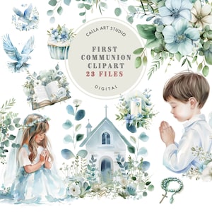 Eerste communie clipart, aquarel clipart, religieuze clipart, eerste communie voor jongens en meisjes, Bijbel, rozenkrans, kruis, duif, bloemen png