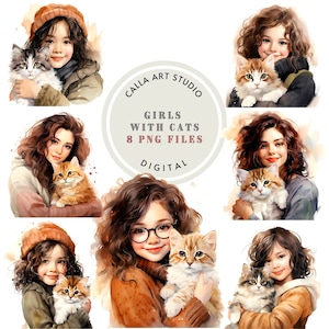 Pacote de clipart de meninas aquareladas com gatos, ilustrações de amantes de gatos, download instantâneo, gatinho fofo, PNG de garota fofa, design de capa de diário