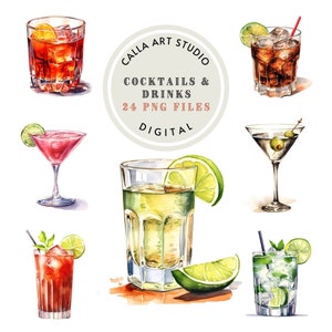 Clipart boissons cocktail pour menu de bar de mariage aquarelle PNG Clipart fête d'anniversaire Scrapbooking graphiques d'été boisson Images art de la cuisine