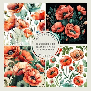 Watercolor Poppies Floral Digital Paper, Watercolor Flower Background, 12x12, Watercolor Scrapbook Papers, Floral Digital Paper, Red Poppies
