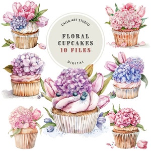 Cupcakes florais clipart, clipart aquarela, PNG digital, cupcake de casamento, chá de panela, clipart de sobremesa, doces PNG, suprimentos para fazer cartões