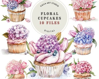 May include: Watercolor illustration of floral cupcakes. Each cupcake is topped with pink and purple flowers, including tulips and hydrangeas. The image includes the text "Floral Cupcakes 10 Files Digital" in a circular design.