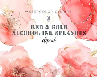 Watercolor Splashes, Red and Gold Alcohol Ink Splatter, Clipart Elements, Abstract Backgrounds And Patterns, Logo Design, Commercial Use