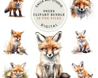 Watercolor Fox Clipart Bundle Fox PNG Woodland Animal Clipart Download Baby Fox Image Junk Jornal Scrapbooking Commercial Use Included