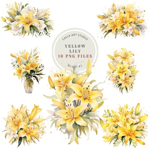 Clipart de aquarela de lírios amarelos, buquês de flores de lírio, gráficos florais, uso comercial, PNGs transparentes, clipart de casamento, diário de lixo