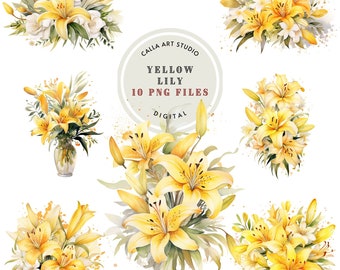 May include: A set of 10 digital watercolor illustrations of yellow lilies. The lilies are arranged in bouquets and feature delicate yellow petals and green leaves. The illustrations are perfect for adding a touch of elegance to any project.