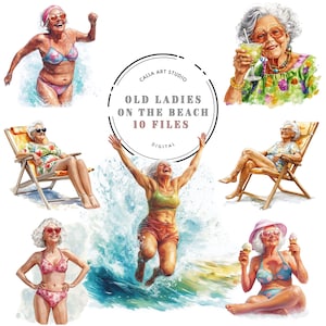 Elderly Lady on the Beach Clipart, Quirky Summer, Watercolor Portrait, Mature Female Illustrations for DIY Projects Journals, Commercial Use