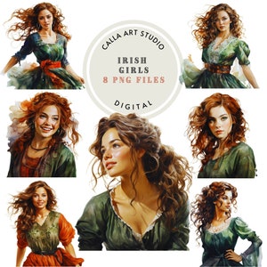 Imágenes prediseñadas de acuarela de chicas irlandesas, día de San Patricio, conjunto PNG, imágenes prediseñadas de niña feliz, hermosa dama para carteles, manualidades, álbumes de recortes, uso comercial