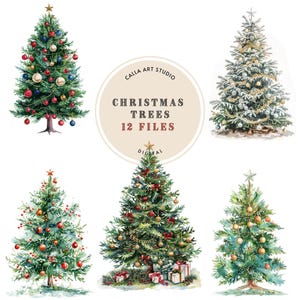 Aquarell Weihnachtsbaum Clipart, Winter Urlaub Clipart, Kartenherstellung, Junk Journal, digitaler Download, geschmückter Baum PNG, kommerzielle Nutzung