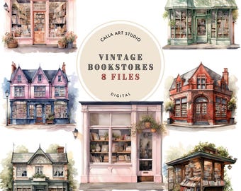 Watercolor Book Shop Clipart, Small town Shop, Vintage Shop PNG for Cardmaking, Scrapbooking, Watercolor Architectural Art, Commercial Use