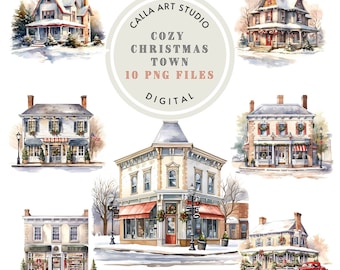 Charming Retro Christmas Town Clipart Set for Invitation Cards and Crafts Digital PNG Images Watercolor Vintage Holiday PNG Commercial Use