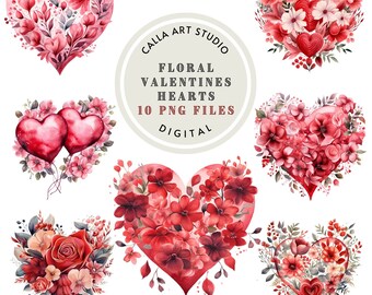 Clipart de acuarela de corazón floral, ilustración del día de San Valentín, corazón de flores PNG, clipart romántico, álbum de recortes, diario basura, descarga digital