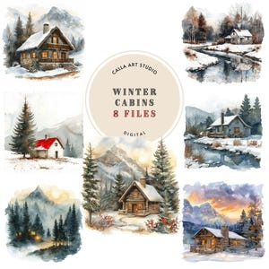 Winterhut clipartbundel, berglandschap illustraties, berghut muurkunst, bos clipart png, blokhut in het bos, scrapbooking