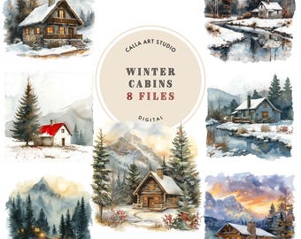 Bundle de cliparts chalet d'hiver, clipart paysage de montagne, art mural chalet de montagne, forêt des cliparts PNG, cabane en rondins dans les bois, scrapbooking