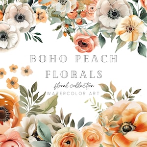 Boho aquarel bloemen clipart, perzik crème bloemen, bruiloft clipart, bloemstukken, boho bloemen clipart, premade clipart