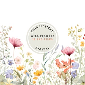 Flores silvestres aquarela clipart para projetos faça você mesmo imagens de alta qualidade para convites, cartões e artesanato download instantâneo para arte digital