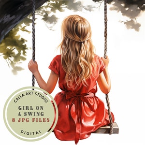 Imagens de aquarela de menina no balanço da árvore, JPG, arte de berçário, diário de lixo, suprimentos para scrapbook, clipart caprichoso para áreas externas, clipart para uso comercial
