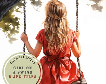 Girl on Tree Swing Watercolor Images, JPG, Nursery Art, Junk Journal, Scrapbook Supply, Whimsical Outdoor Clipart, Commercial Use Clipart