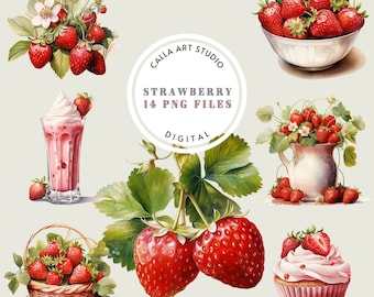 Strawberry Watercolor Clipart, Strawberry PNG, Fruit Illustration for Bakery, Wedding Menu Design, Art Pack, Digital Download Commercial Use