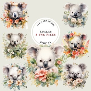 Watercolor Koalas Clipart, Cute Koala Illustrations with Flowers for Crafts, 8 High-Quality PNG Files, Scrapbooking, Commercial Use Image