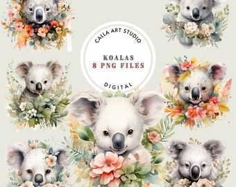 Watercolor Koalas Clipart, Cute Koala Illustrations with Flowers for Crafts, 8 High-Quality PNG Files, Scrapbooking, Commercial Use Image