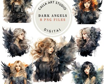 Halloween Dark Angels Clipart Digital Download Printable Art Angel Girls Clipart Set for Cards Party Decor Fantasy PNG for Commercial Use