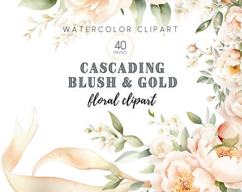 Blush Floral Clipart Bundle, Pink Flower Bouquets, Watercolor Wedding Arrangements for Invitations, Cardmaking, PNG, Premade Floral Borders