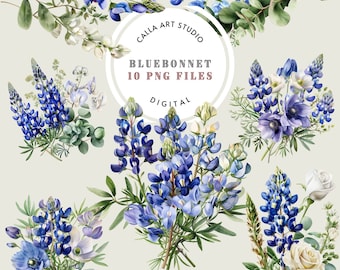 Watercolor Bluebonnet Clipart, Floral Clipart, Bridal Decor, Summer Clipart, Wedding Clipart, Floral Borders, Blue Flowers, Premade Clipart